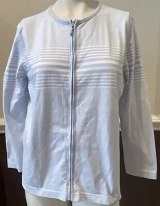 Cathy Daniels Women's Full Zip Jacket Size Large Pale Blue White Stripe Lightwt - Picture 1 of 8