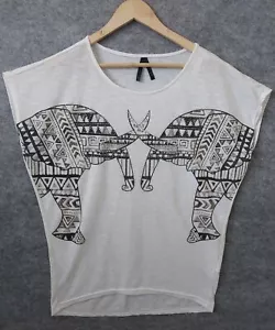 CROSSROADS Womens Top T-shirt Size 8-10 White Short Sleeve Tee Elephant Motif - Picture 1 of 15