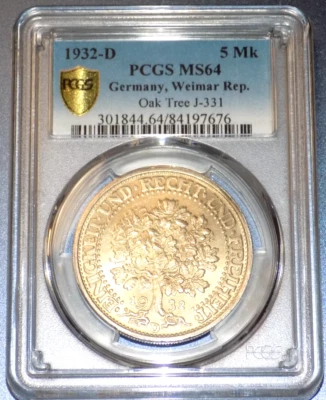 NGC MS 64 1932D 5 Mark German Oak Tree Weimar Republic Reichsmark KM-56 UNC Coin - Image 1 of 4