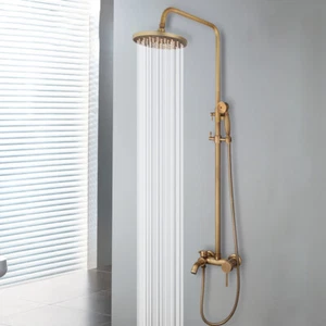 8" Shower Faucet Set Antique Brass Round Rainfall Spout Mixer Hand Sprayer Tap - Picture 1 of 12