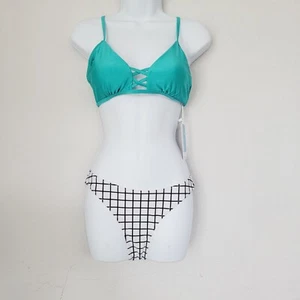 NEW Cupshe Woman's White Black Checkered Green Bikini Thong Small Medium - Picture 1 of 5