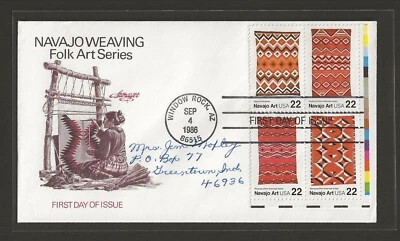 1986 US 22c Plate Block Navajo Weaving Folk Art Series FDC Scott #2238a - Image 1 of 2