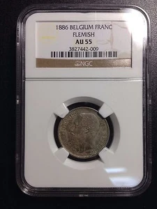 Rare Key Date 1886 Belgium Flemish KM-29.1 1 Franc, NGC AU 55 - Picture 1 of 4