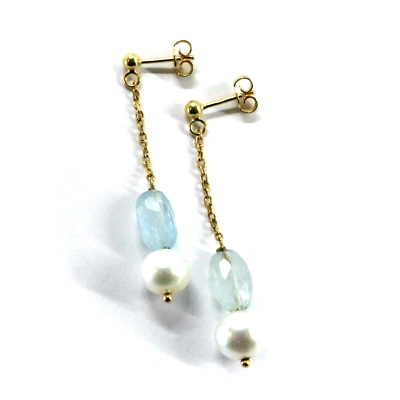 18k yellow gold pendant 45mm earrings with 8mm round fw pearls oval aquamarine - Image 1 of 4