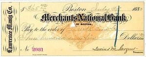 PAPEL ESTAMPADO DE MERCHANTS NAT BANK,LAWRENCE MAN'G CO,BOSTON, MA,1880, RN-G REV, CHEQUE - Imagen 1 de 2
