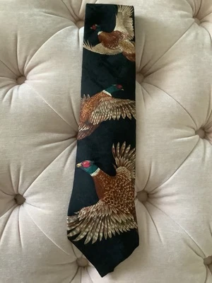 Field Wear Mens Pheasant Birds Print Novelty Necktie 100% Silk Black Brown - Image 1 of 4