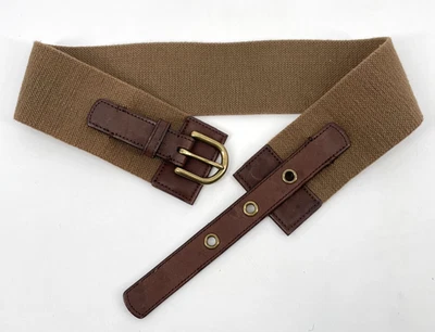 J Crew Women size S Brown Stretch Genuine Leather Trim/elastic belt Brass Buckle - Image 1 of 4