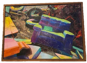 R Wolf signiertes Vintage Gemälde moderner Expressionist Außenseiter strukturiert ~ Schrottplatz-Sofa - Bild 1 von 12