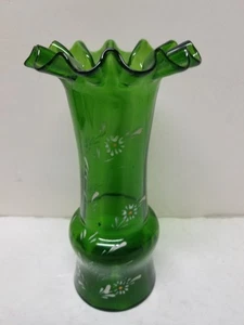 VINTAGE SMARAGDGRÜNE MUNDGEBLASENE VIKTORIANISCHE BLUMENVASE MIT RÜSCHENRAND 7... - Bild 1 von 5