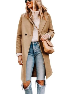 Women's Notch Lapel Double Breasted Wool Blend Mid Long Pea Trench Coat (Khak... - Picture 1 of 8