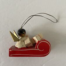 Vintage Wooden Christmas Ornament Angel on Sleigh Sled With Presents - 1.5" Tall
