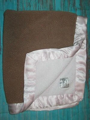 HTF Little Giraffe White/Brown Sherpa Pink Satin Trim Blanket - Image 1 of 4