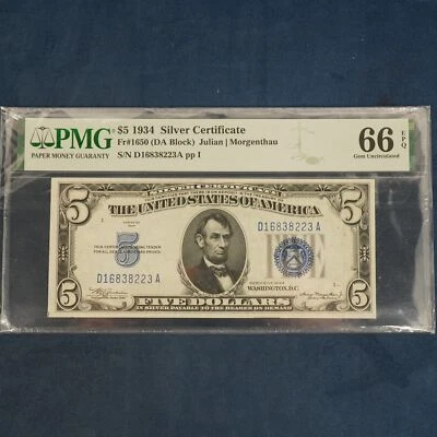 1934 Series $5 US Silver Certificate (Fr.1650) PMG 66EPQ - Free Shipping USA - Image 1 of 4