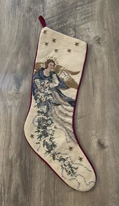 VINTAGE WOOL Needlepoint Christmas Stocking Angel BLUE W/GOLD WINGS 21" - Imagen 1 de 7