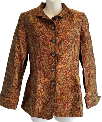 Nina Mclemore 真丝夹克 2 码红色金色佩斯利提花西装外套复古美国全新 — 第 1/4 张图片