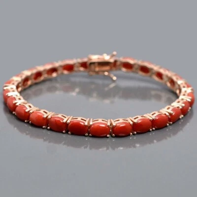 Теннисный браслет подарок 18 карат розовое золото красный коралл овальный драгоценный камень серебро 925 пробы - Изображение 1 из 4