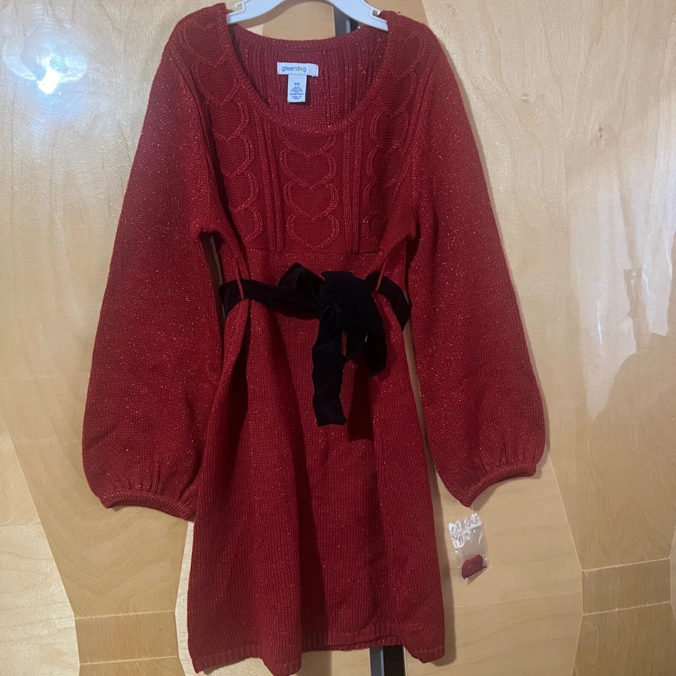 Зеленый собаки Kids платье 6 X красный блестящий рождественский праздник Xmas длинным рукавом новый - Изображение 1 из 4