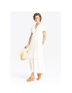 Knox Rose Tiered Swiss Dot Maxi Dress Empire Waist White Boho Embroidered Sz Lg - Picture 1 of 16