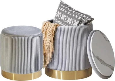 Set of 2 Gray Storage Ottomans – Round Boucle Velvet Stools with Lids - Image 1 of 4