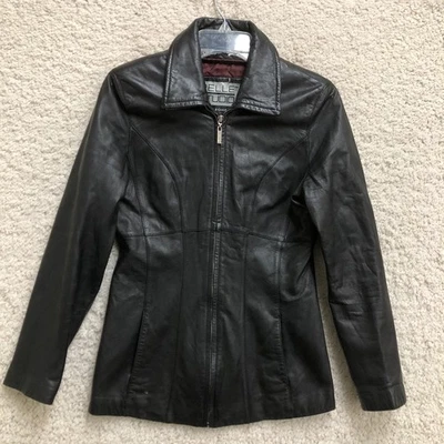 Chaqueta de cuero Pelle Studio Wilsons pequeña para mujer negra cremallera completa línea larga Y2K S Foto 1 de 4