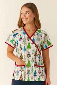 UA Christmas Holiday Print Tree Scrub Top Colorful Cotton Size Small White Red - Picture 1 of 7