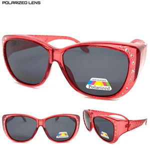 New BLING WRAP AROUND DRIVING POLARIZED SUN GLASSES Red Frame Over RX Glass Fit - Picture 1 of 5