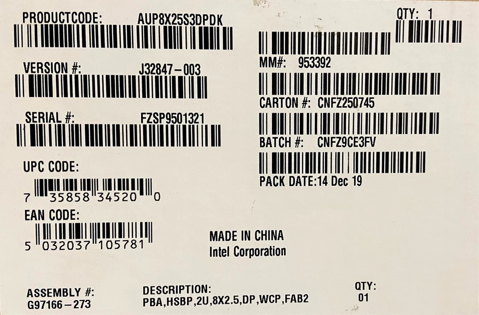 Intel AUP8X25S3DPDK 8x2.5 inch Dual Port SAS Hot Swap Drive Bay Kit NEW - Image 1 of 1