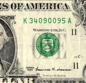 1999 Series Old Note Fancy Serial Number One Dollar Bill - Picture 1 of 11