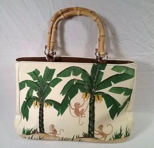 VINTAGE KITSCHY COOL WOMEN'S PURSE W/ MONKEYS BANANA TREES BAMBOO HANDLE - Picture 1 of 4