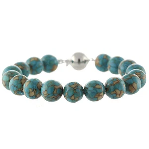 925 Sterling Silver Ball Clasp Bracelet / Natural 10mm Mosaic Turquoise 7.5" - Picture 1 of 3