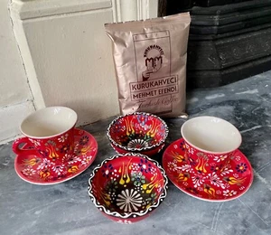 Radiant Red Duo Coffee Set: Floral Cups and Bowls with Turkish Coffee - Picture 1 of 12