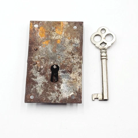 Vintage Cabinet Drawer Dresser Lock with Skeleton Key 3"x 1 7/8" Salvage Reclaim Cover