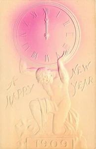 HAPPY NEW YEAR - 1909 - ATLAS HOLD THE CLOCK - EMBOSSED HOLIDAY POSTCARD - Picture 1 of 2