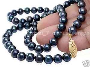 Genuine 7-8mm Black Tahitian Freshwater Pearl Necklace 18'' 14K Gold Clasp - Picture 1 of 3