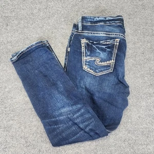 Silver Jeans Women 29 Boyfriend Low Rise Dark Wash Stretch Distressed 29x25" EUC - Picture 1 of 6