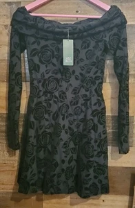Wild Fable schwarz Samt Ausbrenner Kleid Rosen Wasserfallausschnitt Whimsigoth Hoco Neujahr Gr. XS - Bild 1 von 13