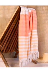 Rachel Miriam Striped Beach Towel Blanket Peach And White New - Picture 1 of 7