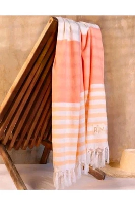 Rachel Miriam Striped Beach Towel Blanket Peach And White New - Image 1 of 4