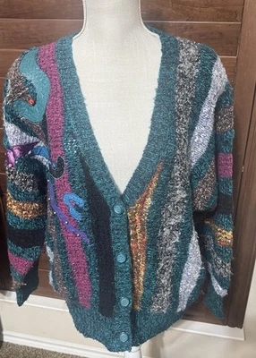 Cárdigan colorido de colección años 80 Jaclyn Smith con botones tejido 3D texturizado cuentas talla M Foto 1 de 4