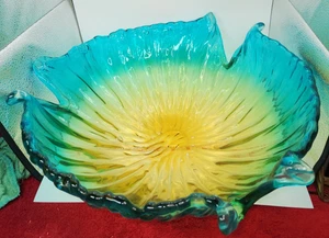 17" x 5"  MURANO Pulled Edges Art Glass Bowl  Green, Blue, Gold. Made in Italy - Picture 1 of 19