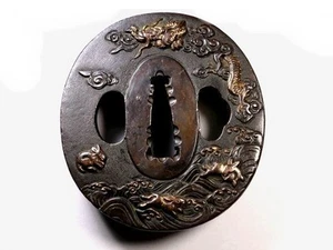 Rare Combination Design: Wave Hare & Cloud Dragon Shakudō Nanako Tsuba, Edo Era - Picture 1 of 6