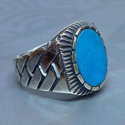 Anillo único de plata de ley 925 para hombre piedra turquesa azul natural todas las tallas Foto 1 de 4