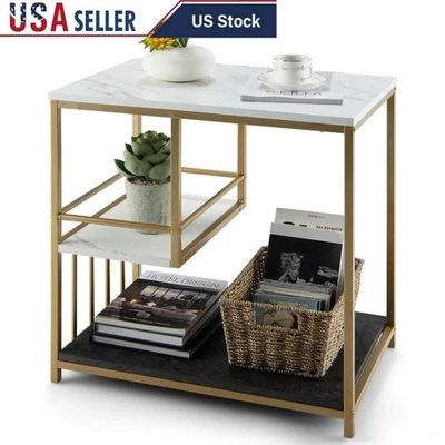Multi-Function L-Shaped Side Table W/ 3 Tiers Storage Organizer Indoor Use - Image 1 of 4