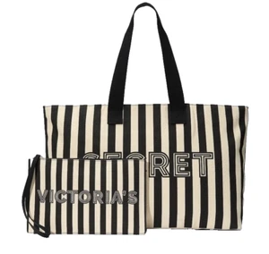 Victoria's Secret Logo Canvas Tote Bag & Wristlet Black White Stripe Women's New - Picture 1 of 3