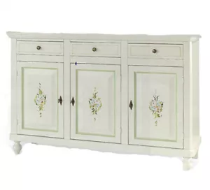 Cupboard Sideboard 3 Doors 3 Drawers White Decorated Flowers Shabby Chic - Picture 1 of 6