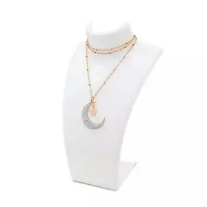 Womens Necklace Half Moon & Star Pendant Rose Gold Long Rosary Type ChainS.Steel - Picture 1 of 4
