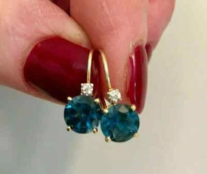 2Ct Round Cut Lab Created London Blue Topaz Drop Earrings 14k Yellow Gold Plated - Picture 1 of 5
