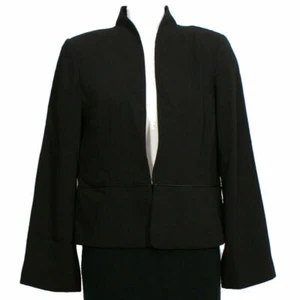 EILEEN FISHER Black Tropical Suiting Eco Poly Leather Trim Jacket L - Picture 1 of 2