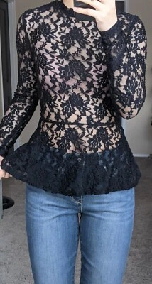 NWT H&M Black Fitted Mock Neck Long Sleeve Lace Peplum Pullover Top Shirt XS - Image 1 of 4