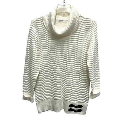 L CALVIN KLEIN Buckle Cowl Neck Knit Sweater Tunic Long ivory cream cable new - Image 1 of 4